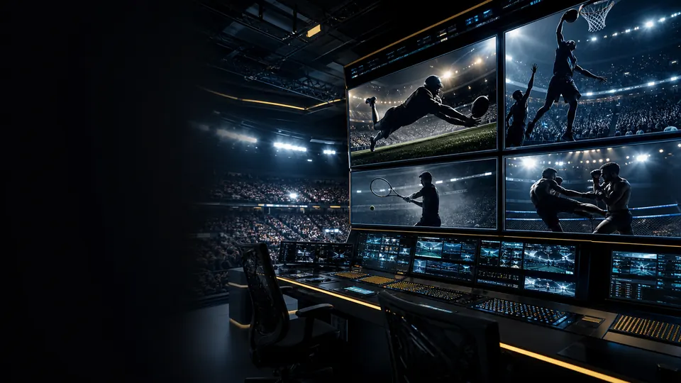 Sports broadcast control room with multiple live feeds